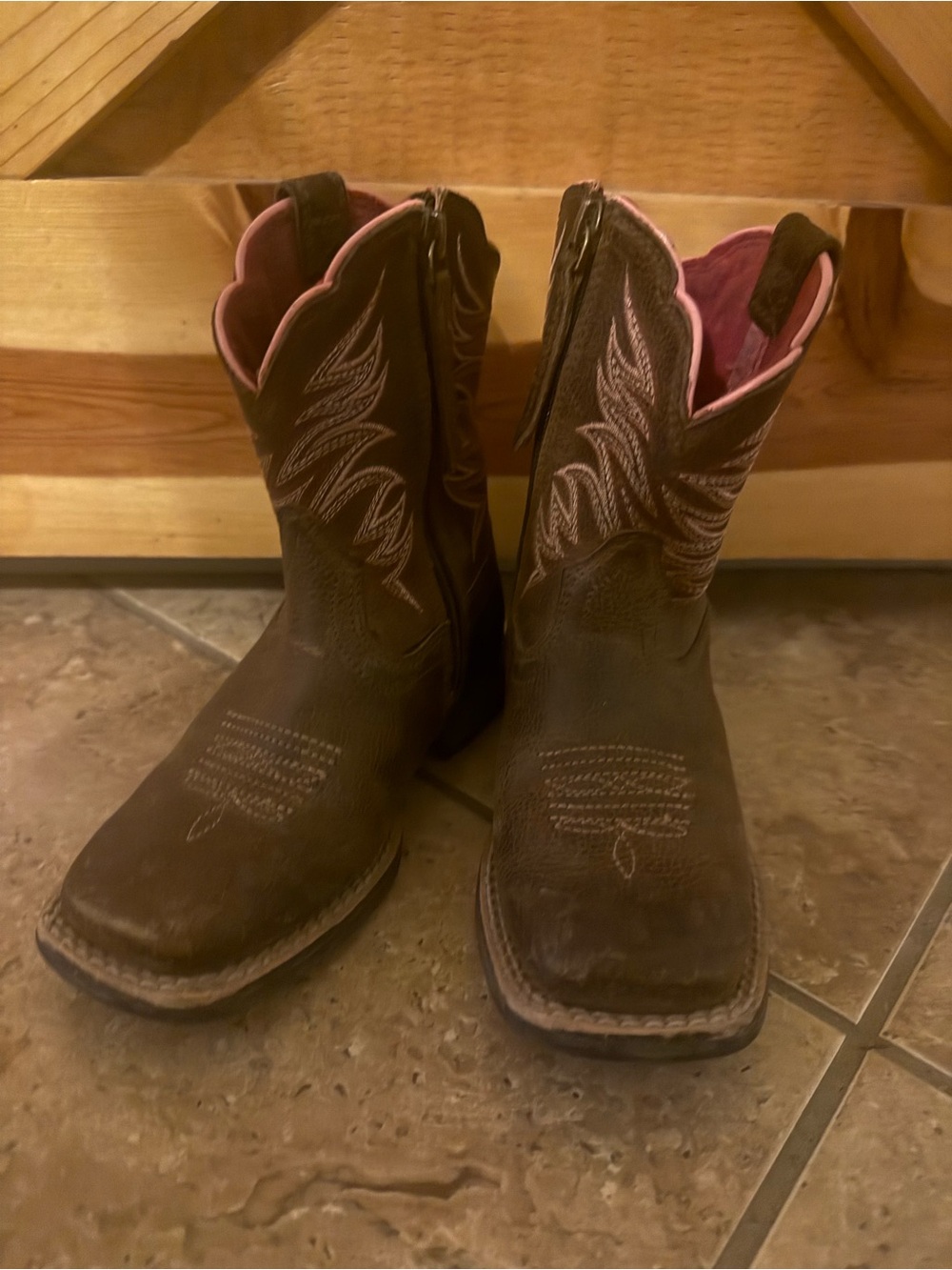 Ariat Brown Western Kids' Boots with Pink Lining